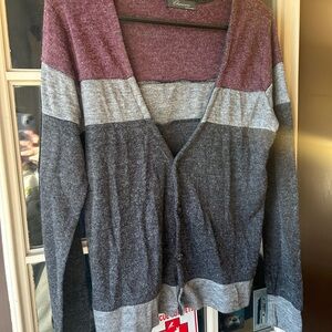 Charisma Burgundy, Light Gray & Charcoal Stripe V-Neck Cardigan